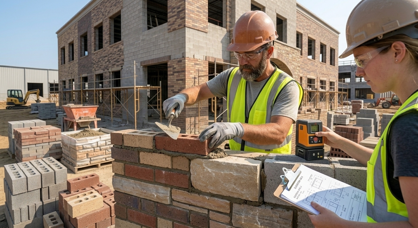 Bricklayers laying brick and stone for commercial building masonry
